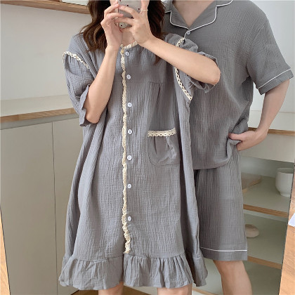 韓国ファッション 清新 カップル 切り替え 部屋着 フリル 柔らかい ペアパジャマ