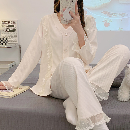 お姫系 可愛い フリル Ｖネック シングルブレスト レース 綿 上下セット パジャマ