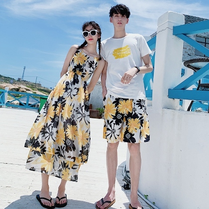 一枚で視線を奪う ファッション 旅行 ビーチ 花柄  ワンピース 体型カバー ロマンチック ペア水着