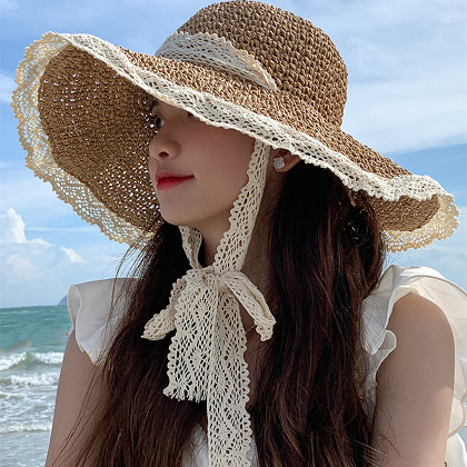 韓国風ファッション ボウタイ 日焼け止め ビーチ 無地 UVカット カジュアル 麦わら帽子